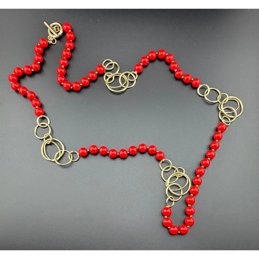 Zenzii Necklace Red Gold Beaded Long Statement Hoop‎ Accents Toggle Lightweight